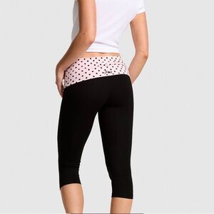New! Victoria's Secret Pink - Foldover Capri Leggings, Pink & Black Polka Dots L